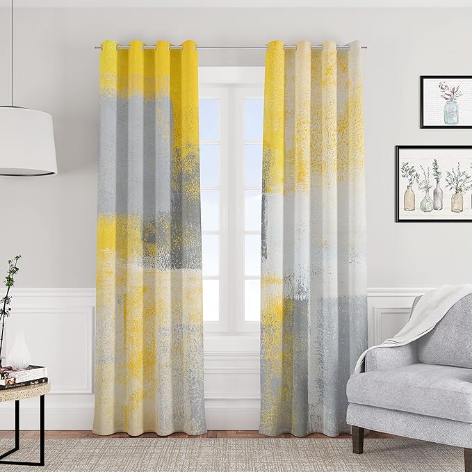 Yellow Window Curtain Yellow Grey Abstract Thermal Insulating Drapes Rust Art Treatment Drapes Modern Curtains for Living Room Bedroom Hotel, 52" x 63", 2 Panels