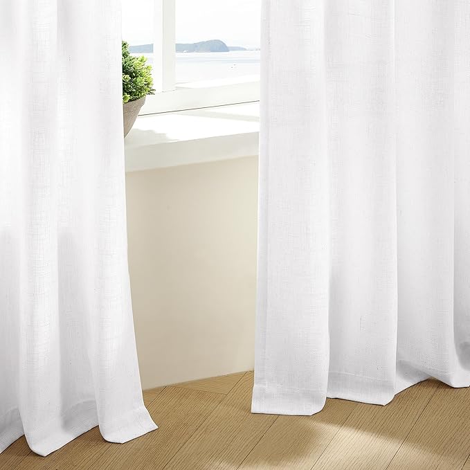 White Linen Pinch Pleated Curtains 84 Inches Long 2 Panels for Living Room Bedroom Snow White Textured Linen Pleated Hooks Rings Back Tab Elegant Luxury Light Filtering Curtain Drapes 84 Inch Length