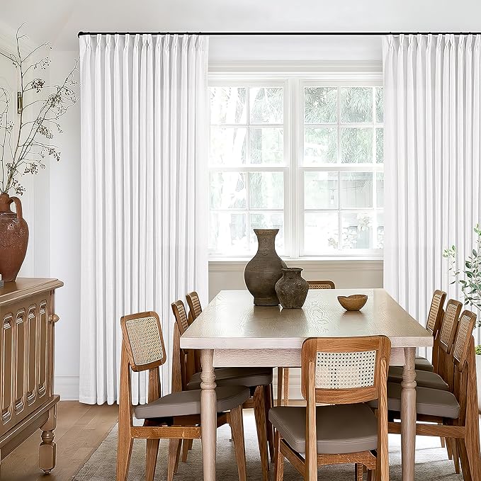 White Linen Pinch Pleated Curtains 84 Inches Long 2 Panels for Living Room Bedroom Snow White Textured Linen Pleated Hooks Rings Back Tab Elegant Luxury Light Filtering Curtain Drapes 84 Inch Length