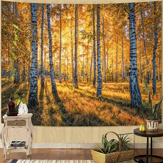 Zussun Nature Forest Fall Tapestry Autumn Birch Woodland Wall Tapestry for Bedroom Aesthetic Yellow Sunshine Landscape Large Tapestries Wall Hanging for Dorm Living Room Decor 80 x 60 Inch