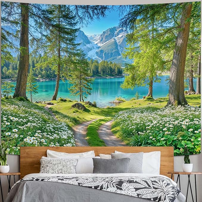 Zussun Nature Mountain Forest Tapestry Daisy Flower Path Turquoise Lake Tapestry for Bedroom Aesthetic Snowy Mountain Landscape Small Tapestries Wall Hanging for Dorm Living Room Decor 48 x 36 Inch