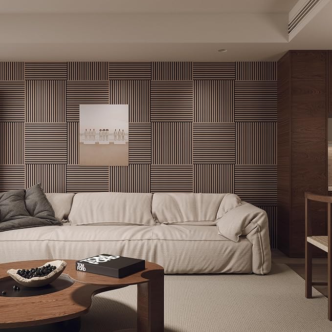 Acoustic Panels,Wood Slat for Wall & Soundproofing Wall Panels，3D Wall Panels High Density Sound Dampening Panels，4 Pack 24"x24" ，Walnut