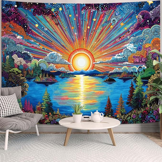 Zussun Hippie Sun Tapestry Boho Vintage Sunrise Nature Tree Lake Wall Tapestry for Bedroom Aesthetic Colorful Landscape Large Tapestries Wall Hanging for Dorm Living Room Decor 80 x 60 Inch