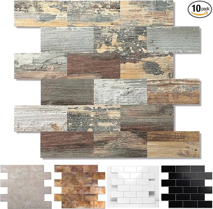 10-Pack Peel and Stick Tile Backsplash 13.5"X11.4" PVC Wall Tiles, Stick on Backsplash for Kitchen, Bathroom Tile, Fireplace Décor, Laundry Table, Stair Decals in Mix Rustic