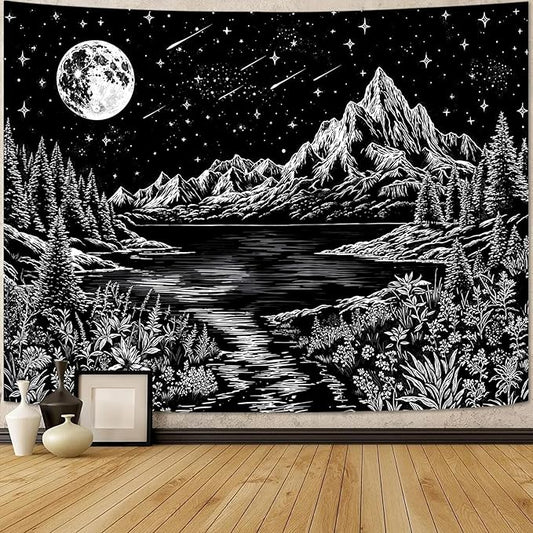 Zussun Black and White Mountain Forest Tapestry for Bedroom Aesthetic Dark Nature Lake Landscape Tapestries Wall Hanging Moon and Stars Wall Tapestry for Living Room Dorm 90 × 68 Inch