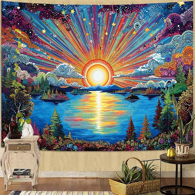 Zussun Hippie Sun Tapestry Boho Vintage Sunrise Nature Tree Lake Wall Tapestry for Bedroom Aesthetic Colorful Landscape Large Tapestries Wall Hanging for Dorm Living Room Decor 80 x 60 Inch