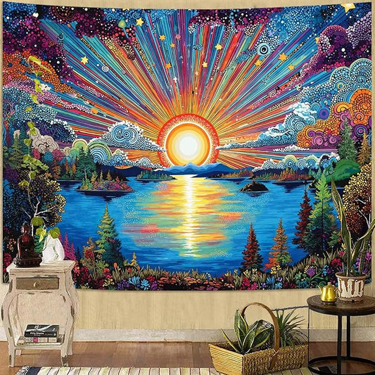 Zussun Hippie Sun Tapestry Boho Vintage Sunrise Nature Tree Lake Wall Tapestry for Bedroom Aesthetic Colorful Landscape Large Tapestries Wall Hanging for Dorm Living Room Decor 80 x 60 Inch