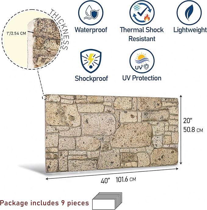 3D Faux Brick Wall Panels (2-Pack) - Easy DIY Install with Adhesive - Lightweight Styrofoam Stone Cladding for Interior & Exterior Travertine - 40"x20"