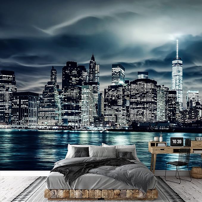 wall26 Removable Wall Sticker Wall Mural Midnight Storm Cloud New York City Cityscape Landmarks Photography Realism Urban Landscape Colorful for Living Room, Bedroom, Office - 100x144 inches