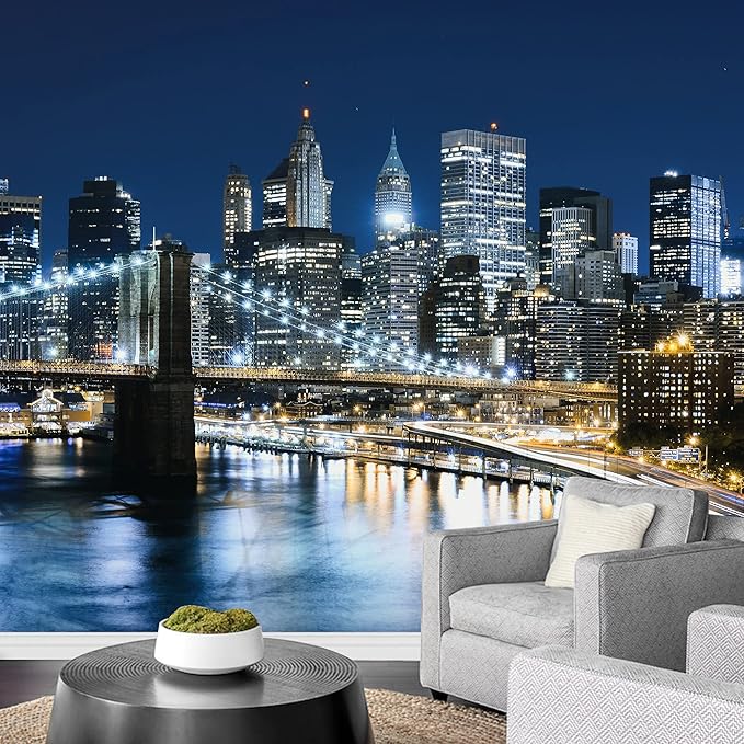 wall26 Removable Wall Sticker Wall Mural Futuristic Night Neon Light Bridge City Cityscape Landmarks Photography Realism Urban Landscape Colorful for Living Room, Bedroom, Office - 100x144 inches