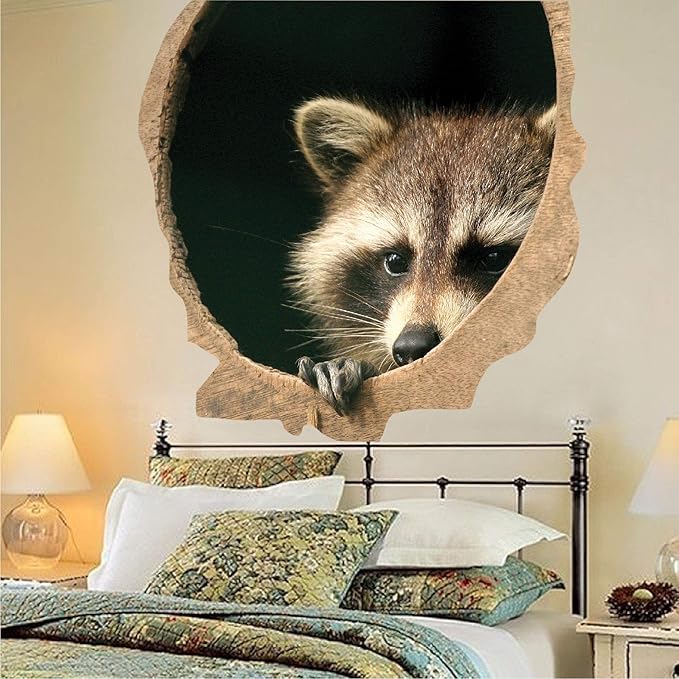 3D Raccoon Home Decor - Raccoon Wall Decal Wild Animal Mural Sticker Removable Tree Raccoons Bedroom Peel and Stick Apartment Wall Decal, a39