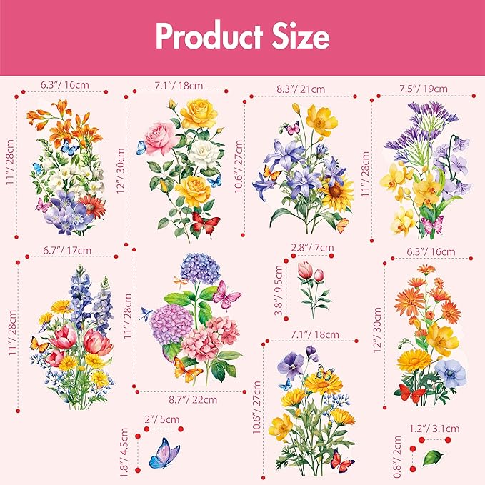 113 PCS Flower Wall Decals, Self-Adhesive Vinyl Wall Stickers, Wildflower, Butterfly & Dragonfly Stickers, Colorful Design Safe for Wall, Window, Door, Room Decor