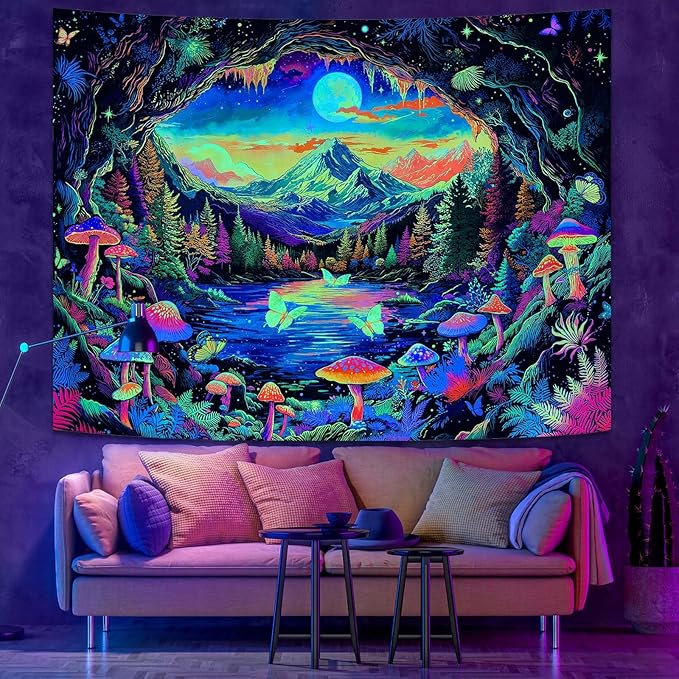 Zussun Blacklight Mushroom Forest Tapestry UV Reactive Nature Mountain Moon Butterfly Tapestry for Bedroom Aesthetic Landscape Small Tapestries Wall Hanging for Dorm Living Room Decor 60 x 44 Inch