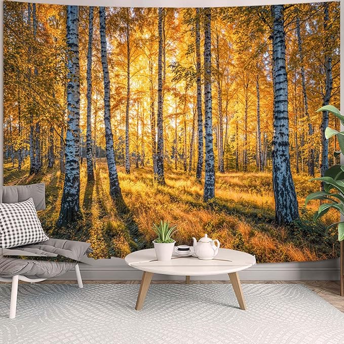 Zussun Nature Forest Fall Tapestry Autumn Birch Woodland Wall Tapestry for Bedroom Aesthetic Yellow Sunshine Landscape Large Tapestries Wall Hanging for Dorm Living Room Decor 80 x 60 Inch