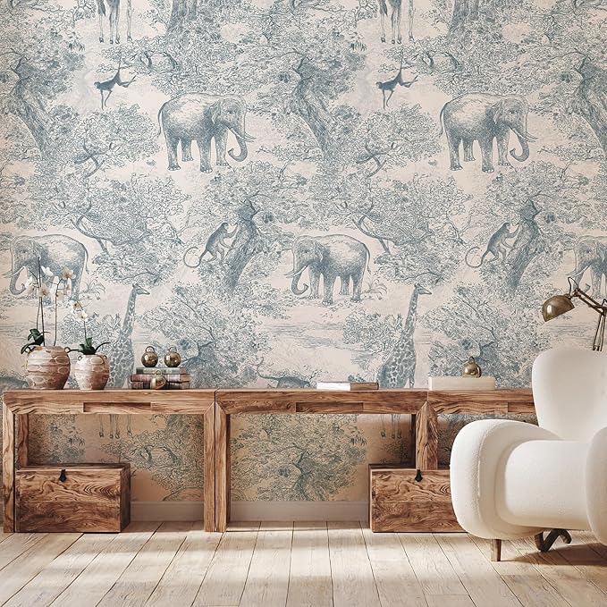 Zeeko Nursery Safari Animal Jungle Wall Mural Peel and Stick 148" W x 98" H Vintage French Canvas Waterproof Self-Adhesive Removable Wallpaper for Kids Room Bedroom Large Art Wall Decor