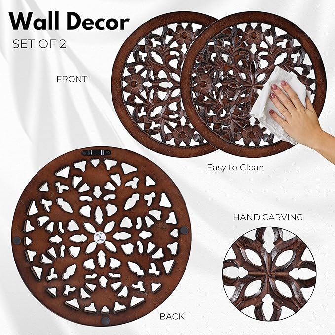 Woodify Hand-Carved Wooden Wall Décor – Set of 2, 12" x 12" Decorative Wood Panels, Floral Design, Natural Burnt Finish, Wall Art for Living Room & Home Décor