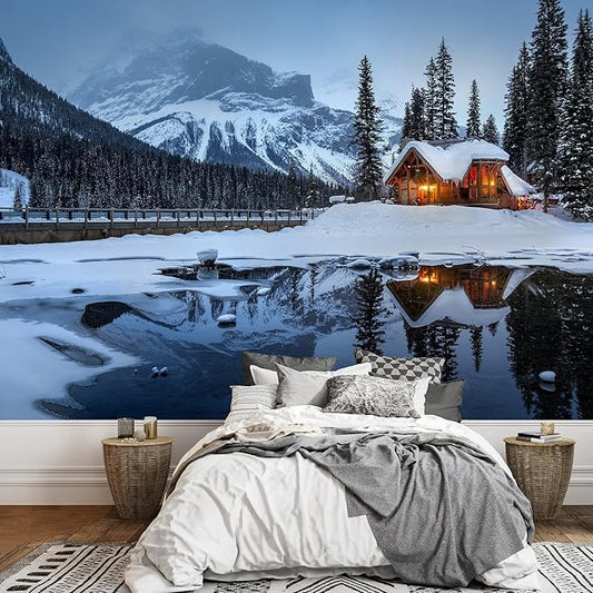 wall26 - Winter Landscape with Cabin Hut at Night - Removable Wall Mural | Self-Adhesive Large Wallpaper - 66x96 inches