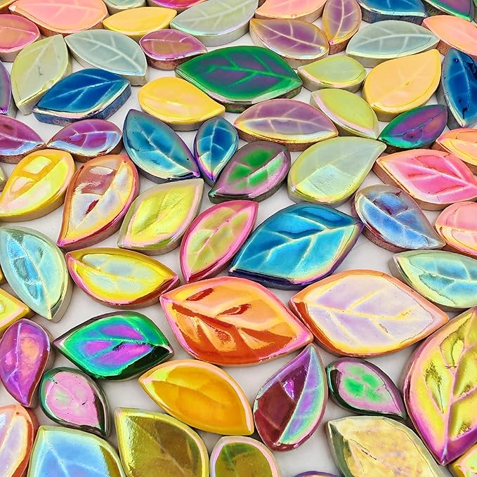 500g/1.1lb Leaf-Shaped Ceramic Mosaic Tiles,Ceramic Mosaic Pieces for Crafts,Mosaic Tiles for Home Decoration or DIY Crafts,Mosaic Making Supplies. (Iridescent Mixed Color)