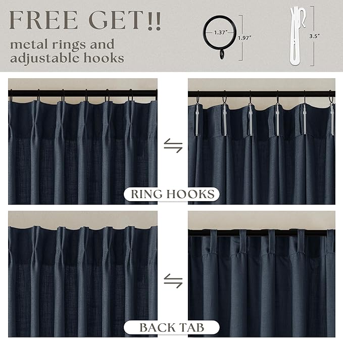80 Inch Pinch Pleated Linen Curtains 2 Panels Set for Living Room Bedroom Boho Farmhouse Light Filter Navy Blue Indigo Semi Sheer Back Tab Pinch Pleat with Hooks Rings Window Curtain 80 Inches Long
