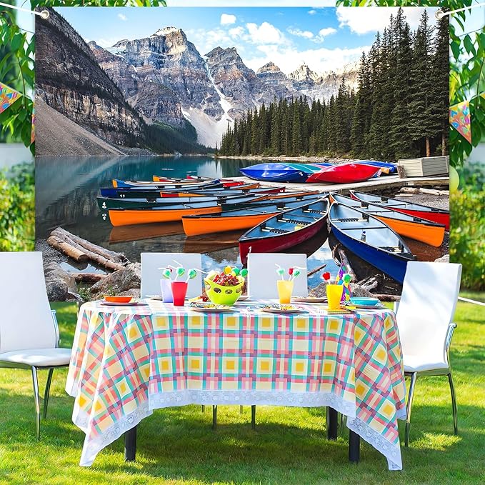 ZHXYMMS Mountain Lake Backdrop Banff National Park Lake Forest Scenery Photography Background Canadian Rockies Pine Trees Lakeside Canoe Outdoor Decorations Banner Photo Booth Studio Props 7x5ft