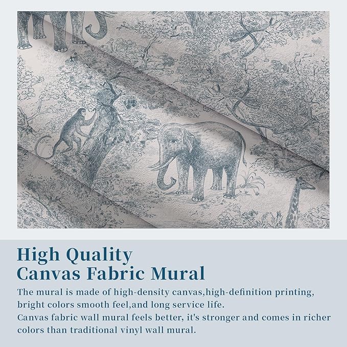 Zeeko Nursery Safari Animal Jungle Wall Mural Peel and Stick 148" W x 98" H Vintage French Canvas Waterproof Self-Adhesive Removable Wallpaper for Kids Room Bedroom Large Art Wall Decor