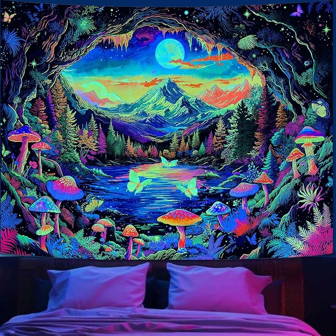 Zussun Blacklight Mushroom Forest Tapestry UV Reactive Nature Mountain Moon Butterfly Tapestry for Bedroom Aesthetic Landscape Large Tapestries Wall Hanging for Dorm Living Room Decor 80 x 60 Inch