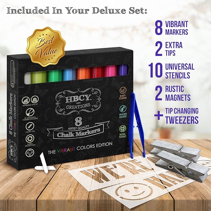 A Frame Chalkboard with Chalk Markers by HBCY Creations: 40x20 Solid Wood A-Frame Sign Whitewash Double-Sided Magentic Menu Board, Deluxe Set Includes 8 Chalk Markers, 10 Stencils, 2 Magnets