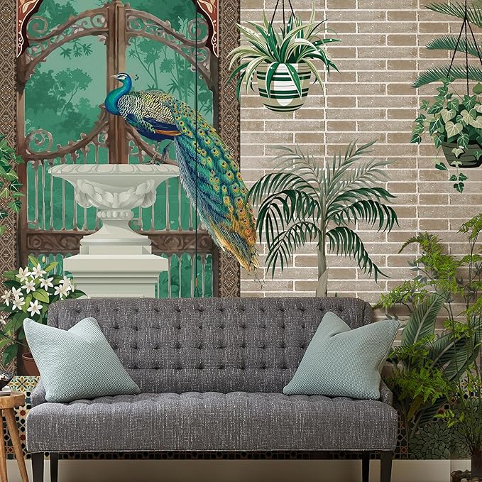 Zeeko Exotic Tropical Green Wall Mural Peel and Stick 148" W x 110" H Large Botanical Indian Garden Wallpaper with Peacock Self-Adhesive Canvas Mural for Living Room Accent Wall Bathroom
