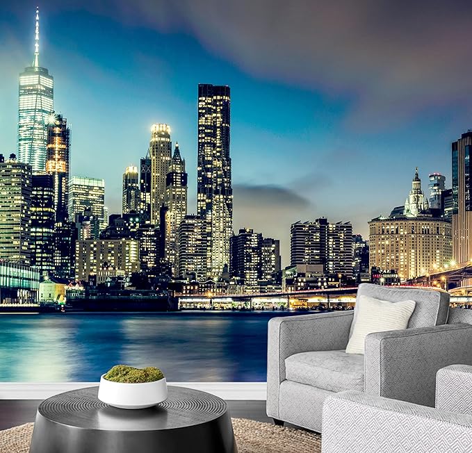 wall26 Removable Wall Sticker Wall Mural New York City Harbor Neon Lights Cityscape Landmarks Photography Realism Urban Landscape Decorative Colorful for Living Room, Bedroom, Office - 100x144 inches
