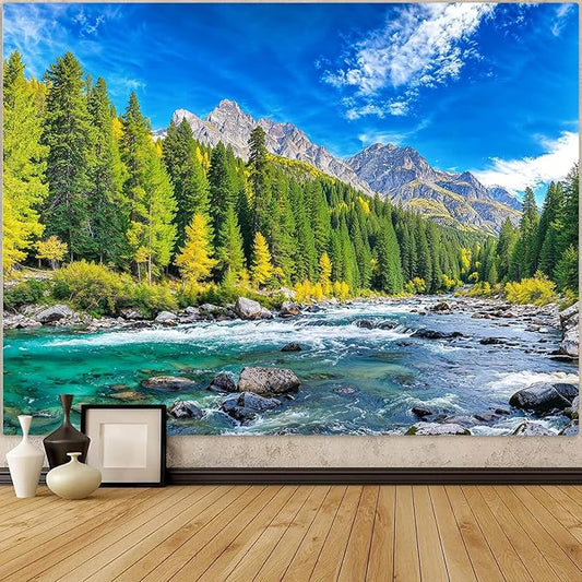 Accnicc Nature Forest Mountain Tapestry Green Pine Tree Wall Tapestry for Bedroom Aesthetic Woods Flowing River Landscape Small Tapestries Wall Hanging for Dorm Living Room Decor 48 x 36 Inch