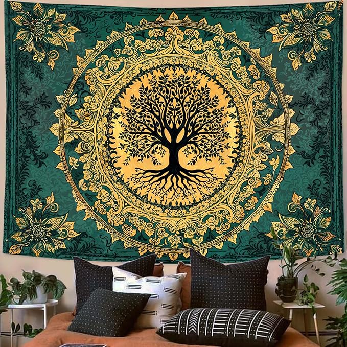Zussun Tree of Life Tapestry Vintage Boho Mandala Tapestries for Bedroom Aesthetic Retro Bohemian Green Gold Plant Floral Flowers Leaves Tapestry Wall Hanging for Dorm Living Room 80 x 60 Inch