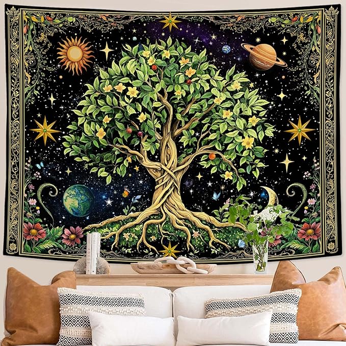 Zussun Tree of Life Tapestry Vintage Nature Green Plant Floral Flowers Celestial Tapestries for Bedroom Aesthetic Retro Sun Moon Stars Galaxy Tapestry Wall Hanging for Dorm Living Room 90 x 68 Inch