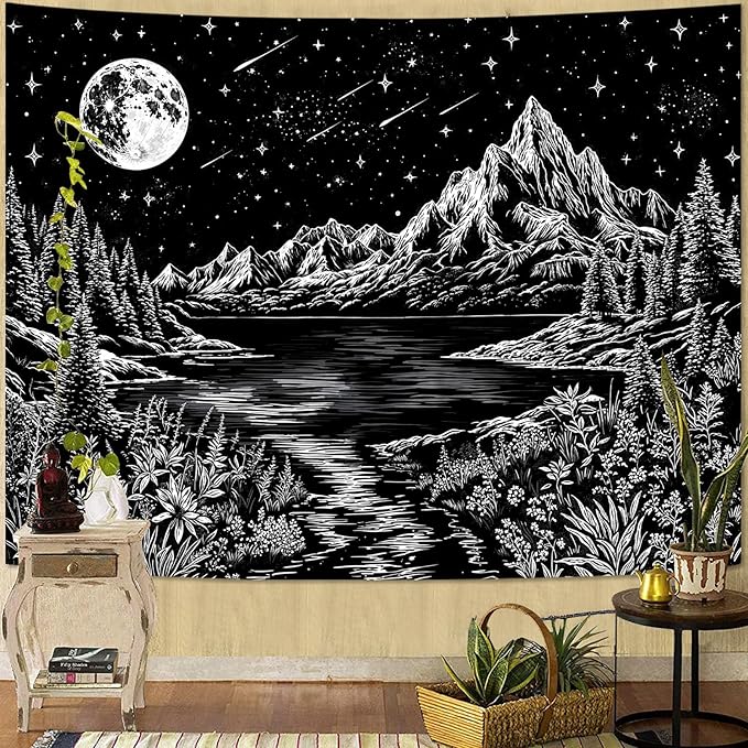 Zussun Black and White Mountain Forest Tapestry for Bedroom Aesthetic Dark Nature Lake Landscape Tapestries Wall Hanging Moon and Stars Wall Tapestry for Living Room Dorm 48 × 36 Inch