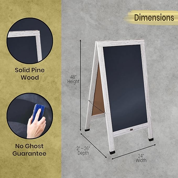 A Frame Chalkboard by HBCY Creations: 24x48 Solid Wood A-Frame Sign Whitewashed Double-Sided Magnetic Board, Chalkboard Menu Board, for Restaurants, Cafés, Weddings - Heavy Duty Hinges