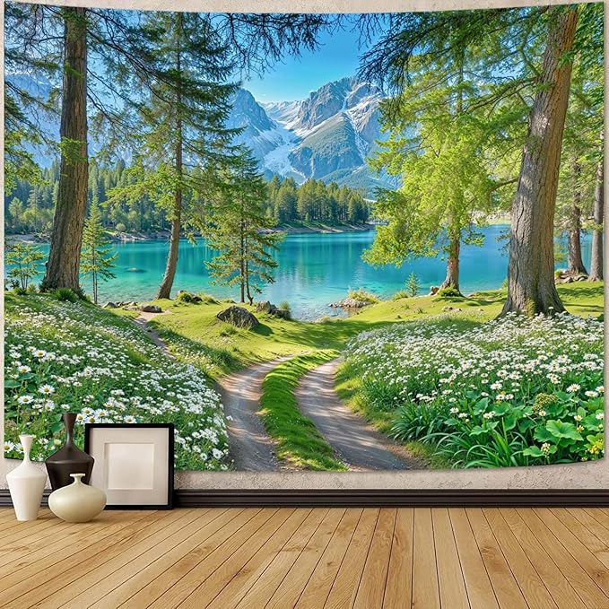 Zussun Nature Mountain Forest Tapestry Daisy Flower Path Turquoise Lake Tapestry for Bedroom Aesthetic Snowy Mountain Landscape Small Tapestries Wall Hanging for Dorm Living Room Decor 48 x 36 Inch