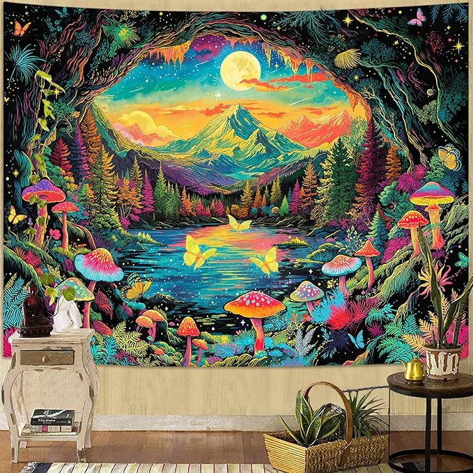 Zussun Blacklight Mushroom Forest Tapestry UV Reactive Nature Mountain Moon Butterfly Tapestry for Bedroom Aesthetic Landscape Samll Tapestries Wall Hanging for Dorm Living Room Decor 48 x 36 Inch