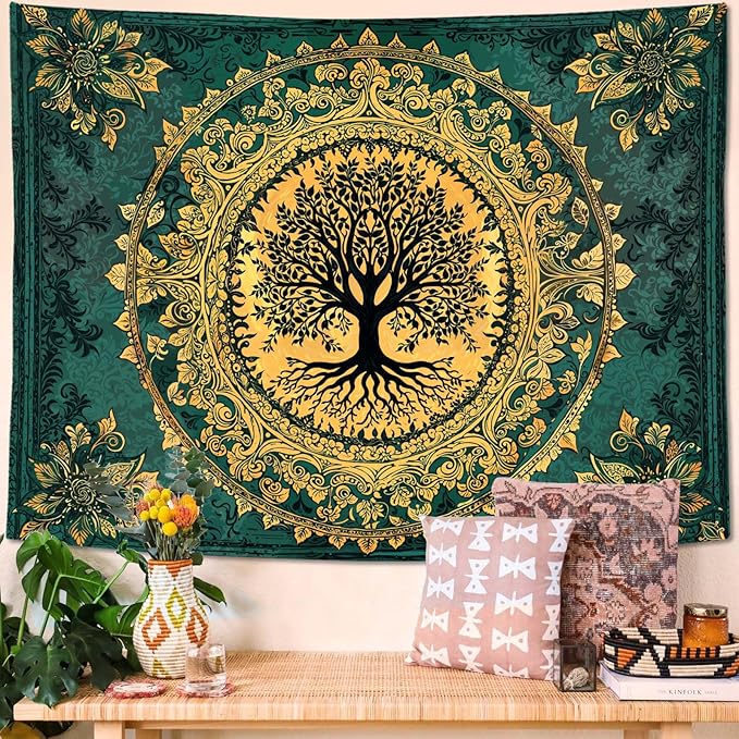 Zussun Tree of Life Tapestry Vintage Boho Mandala Tapestries for Bedroom Aesthetic Retro Bohemian Green Gold Plant Floral Flowers Leaves Tapestry Wall Hanging for Dorm Living Room 80 x 60 Inch