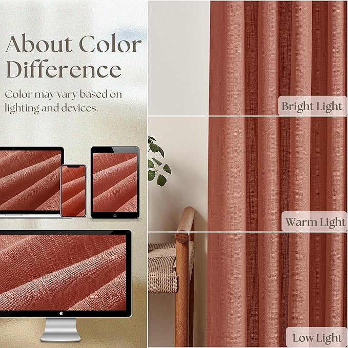 80 Inch Pinch Pleated Linen Curtains 2 Panels for Living Room Bedroom Boho Farmhouse Terracotta Semi Sheer Back Tab Pinch Pleat Hooks Rings Red Clay Window Curtain Burnt Orange Autumn Fall Decor