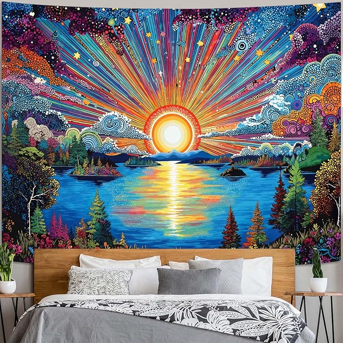 Zussun Hippie Sun Tapestry Boho Vintage Sunrise Nature Tree Lake Wall Tapestry for Bedroom Aesthetic Colorful Landscape Small Tapestries Wall Hanging for Dorm Living Room Decor 48 x 36 Inch