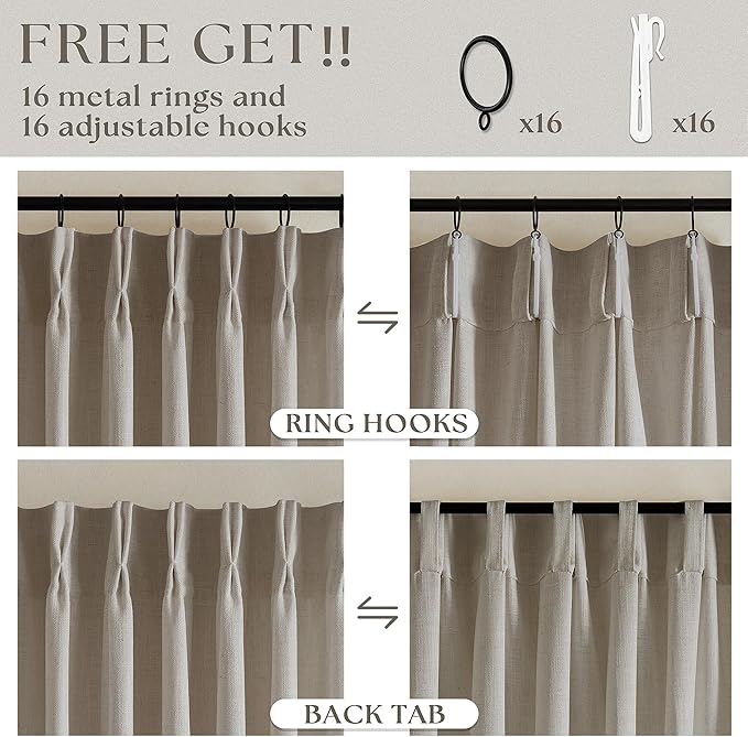 102 Inch Long Curtains Pinch Pleat Linen Curtains for Living Room Bedroom 2 Panels Tan Brown Burlywood Taupe Light Filtering Privacy 102 Inch Pleated Drapes Hooks Rings Back Tab for Sliding Door