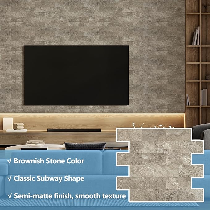 10-Pack Peel and Stick Tile Backsplash 12"X12" PVC Wall Tiles, Stick on Backsplash for Kitchen, Bathroom Tile, Fireplace Décor, Laundry Table, Stair Decals in Brownish Stone