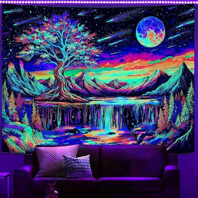 Zussun Blacklight Tree of Life Tapestry UV Reactive Moon Mountain Forest Waterfull Tapestry for Bedroom Aesthetic Nature Large Tapestries Wall Hanging for Dorm Living Room Decor 80 x 60 Inch