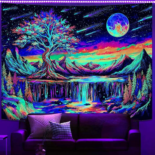 Zussun Blacklight Tree of Life Tapestry UV Reactive Moon Mountain Forest Waterfull Tapestry for Bedroom Aesthetic Nature Large Tapestries Wall Hanging for Dorm Living Room Decor 80 x 60 Inch