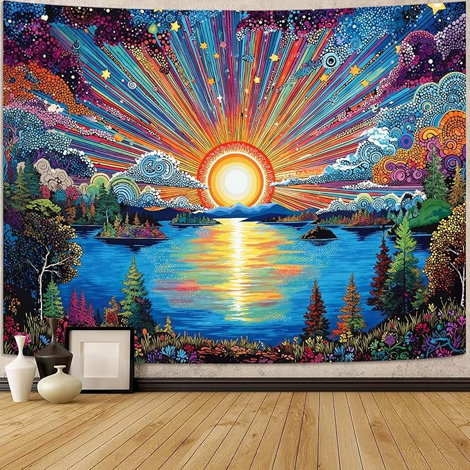 Zussun Hippie Sun Tapestry Boho Vintage Sunrise Nature Tree Lake Wall Tapestry for Bedroom Aesthetic Colorful Landscape Small Tapestries Wall Hanging for Dorm Living Room Decor 48 x 36 Inch