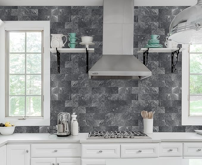 1-Pack Peel and Stick Tile Backsplash 12"X12" PVC Wall Tiles, Stick on Backsplash for Kitchen, Bathroom Tile, Fireplace Décor, Laundry Table, Stair Decals in Dark Rock