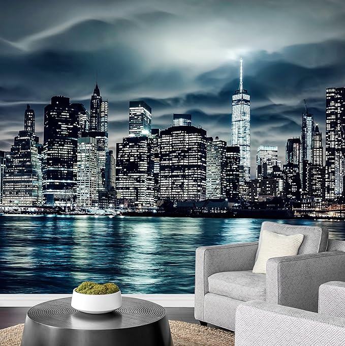 wall26 Removable Wall Sticker Wall Mural Midnight Storm Cloud New York City Cityscape Landmarks Photography Realism Urban Landscape Colorful for Living Room, Bedroom, Office - 100x144 inches