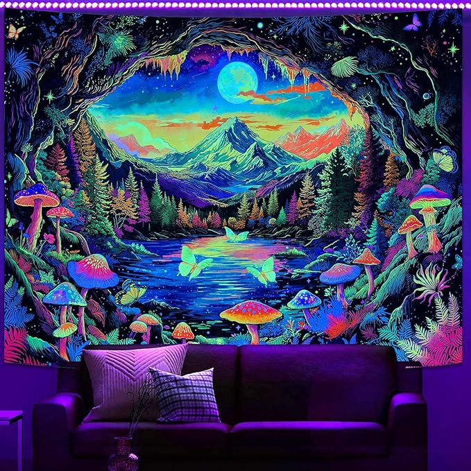 Zussun Blacklight Mushroom Forest Tapestry UV Reactive Nature Mountain Moon Butterfly Tapestry for Bedroom Aesthetic Landscape Large Tapestries Wall Hanging for Dorm Living Room Decor 80 x 60 Inch