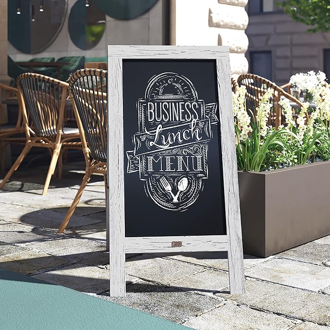 A Frame Chalkboard by HBCY Creations: 24x48 Solid Wood A-Frame Sign Whitewashed Double-Sided Magnetic Board, Chalkboard Menu Board, for Restaurants, Cafés, Weddings - Heavy Duty Hinges