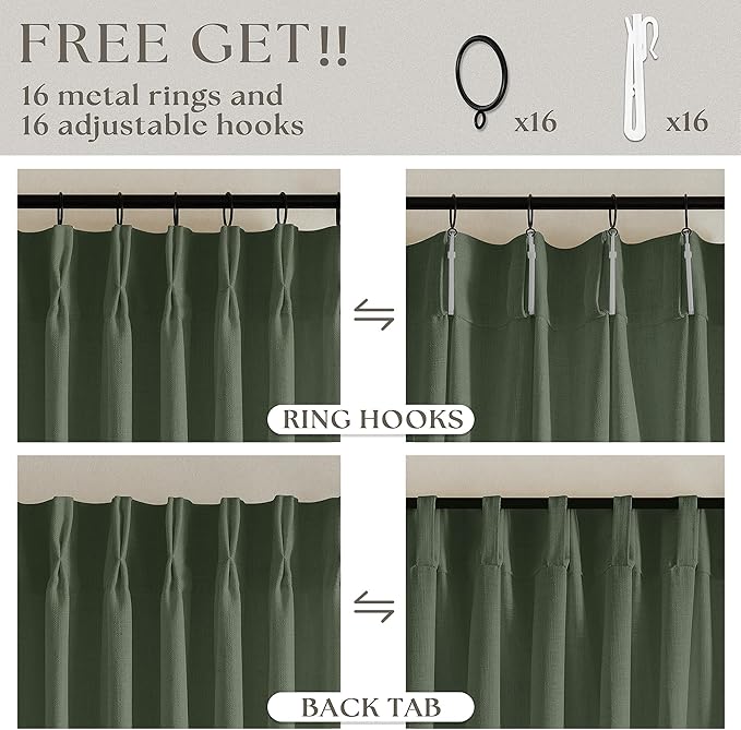 108 Inch Linen Pleated Curtains 2 Panels Set for Living Room Bedroom Farmhouse Cotton Rustic Farmhouse Back Tab Memory Trained Pinch Pleat Window Curtain Olive Green 108 Inch Length for Office 9FT