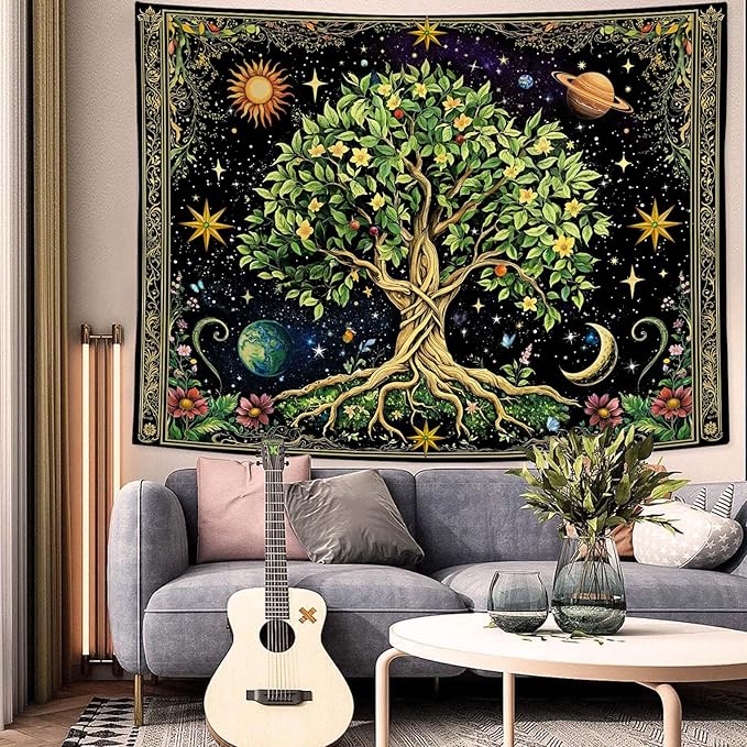 Zussun Tree of Life Tapestry Vintage Nature Green Plant Floral Flowers Celestial Tapestries for Bedroom Aesthetic Retro Sun Moon Stars Galaxy Tapestry Wall Hanging for Dorm Living Room 48 x 36 Inch